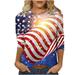 SOOMLON American Flag Shirts for Women 4th of July T-Shirt USA Print Patriotic Shirt Stars Stripes Tees Print T-Shirt Crewneck 3/4 Sleeve Blue XXL