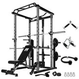 RitFit Garage & Home Gym Package included Power Cage Rack Weight Bench Olympic Barbell 140LB Rubber Plates in Total Free Barbell Clamps