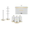 Tower Cavaletto Kitchen Storage Set of 6 with Bread Bin, Tea, Coffee & Sugar Canisters, Mug Tree & Towel Pole in Optic White with Brushed Champagne Gold Accents