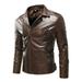 Penkiiy Men s Autumn Winter Long-sleeved Leather Motorcycle Jacket Zipper Coat Long Sleeve Hoodless Faux Leather Outwear & Jackets Suit Blazer Jackets PU Brown on Clearance