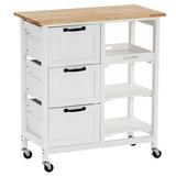 76*37*84cm Kitchen Island Cart on Wheels Rolling Bar Cart with Storage Cabinet Rubber Wood Countertop Lockable Casters White