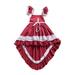 Toddler Kids Baby Girls Party Dress Summer Square Neck Flying Sleeves Lace Dresses Waist Tie Backless Irregularity Hemline Red Dress