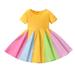 Toddler Kids Baby Girls Sweet Dress Round Neck Short Sleeve Ruffle Dress Fashion Cute Rainbow Splicing Dress