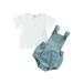 TOPGOD Newborn Baby Girl 3Pcs Clothes Set Ribbed Ruffle Shoulder Sleeve Top Overall Shorts Bow Headband Infant Outfits