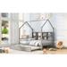 Wooden House Bed with Twin Trundle, Playhouse Platform BedFrame with Shelf and Roof for Kids Bedroom