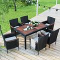 Churanty Patio Dining Set 7 Pieces Outdoor Rattan Dining Table and Stackable Armrest Chairs Set for 6 with Cushions Wicker Dining Furniture Set Reddish Brown