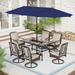 Phi Villa 7/8-Piece Patio Dining Set of 6 Swivel Metal Rattan Chairs with Deep-seating Chairs and Wood-like Table Top Table +Navy Umbrella - 8-Piece