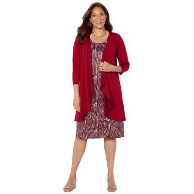 Plus Size Women's Soft Knit Jacket Dress by Catherines in Rich Burgundy Watercolor Paisley (Size 3X)