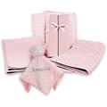 Hoolaroo Personalised Embroidered Newborn Baby Cot Bedding Set Blanket Sheets and Comforter Large Gift Box New Baby Girl Boy (Pink Teddy Set)