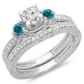 Dazzlingrock Collection 1.00 Carat (ctw) 14K Blue & White Diamond 3 Stone Bridal Engagement Ring Set 1 CT White Gold Size 7