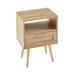 Modern Rattan Side table/Nightstand with 1 Shelf,1 drawer and 4 Solid Wood Legs