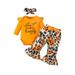 Sunisery 3Pcs Newborn Baby Girls Romper Pants Clothes Letter Long Sleeves Romper Leopard Flared Pants Headband Outfits Orange 0-3 Months