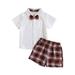 Toddler Little Boys Summer Outfits Summer Short Sleeved White Shirt With Bow Tie Red Plaid Shorts Performance Baby Boys Summer Clothing Sets Size 120 White