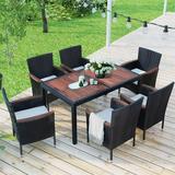 7-Piece Outdoor Patio Dining Set Garden PE Rattan Wicker Dining Table with Wooden Tabletop and Stackable Armrest Chairs with Cushions Set of 6 Patio Furniture for Outdoor Garden Patio Dark Brown