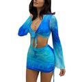 SHESEEWORLD Damen Sexy Langes ärmelloses 2-teiliges Sheer Mesh Cover Up Kleid Crop Top Figurbetont Gerüschte Mini Rock Sets, blau, Klein