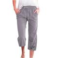 Womens Linen Wide Leg Capri Pants Elastic High Waist Printed Drawstring Cropped Loose Pockets Beach Trousers (Small Gray 01)