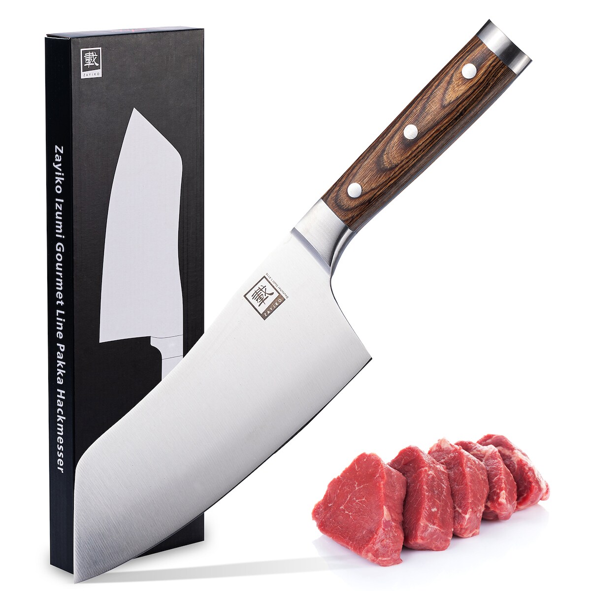 Zayiko Blockmesser 19,00 cm Klinge Profi Kochmesser aus deutschem Stahl mit Pakkaholzgriff und Geschenkbox Serie IZUMI Image