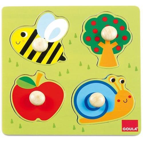 Goula D53010 - Biene, Apfelbaum und Schnecke, 4 Teile Holz Puzzle - Jumbo Spiele