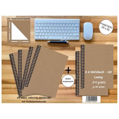 A 6 Notizbuch – Set, 4+2 gratis, Luxury 80 Seiten MUSKAT Designerecycling, punktiert 20x20mm