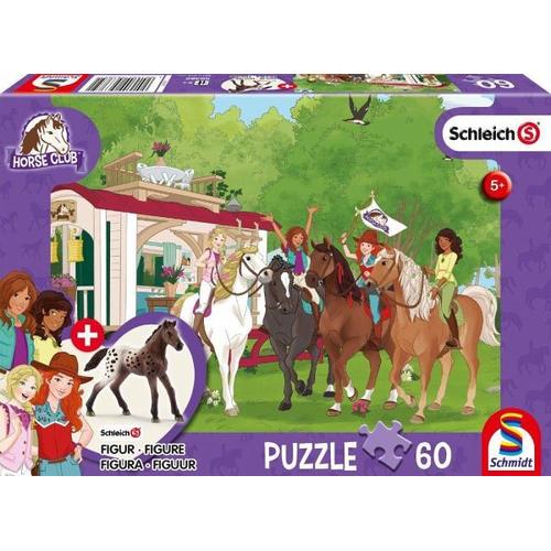 Schmidt 56385 – Schleich, Horse Club, Clubtreffen vor dem Wohnwagen, Puzzle mit Figur, 60 Teile – Schmidt Spiele