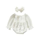Thaisu 0-2Y Baby Girls Knitted Romper Set Solid Color Long Sleeve Off-shoulder Pleated Romper with Hairband Fall Outfit