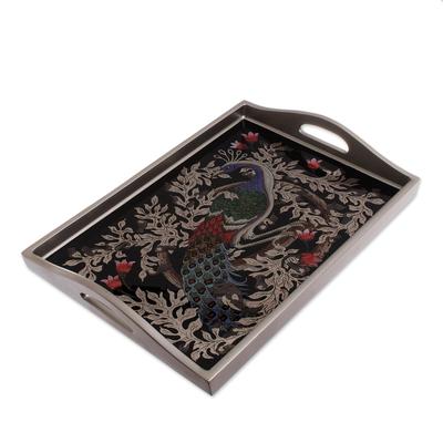 Novica Handmade Peacock Charm In Silver Reverse-Painted Glass Tray (17 Inch)