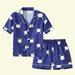 Loopsun Toddler Pajamas Sets Lapel Short Sleeve Floral Printing Silk Satin Home Wear Clothes Suit Dark Blue