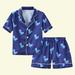 Loopsun Toddler Pajamas Sets Lapel Short Sleeve Floral Printing Silk Satin Home Wear Clothes Suit Blue