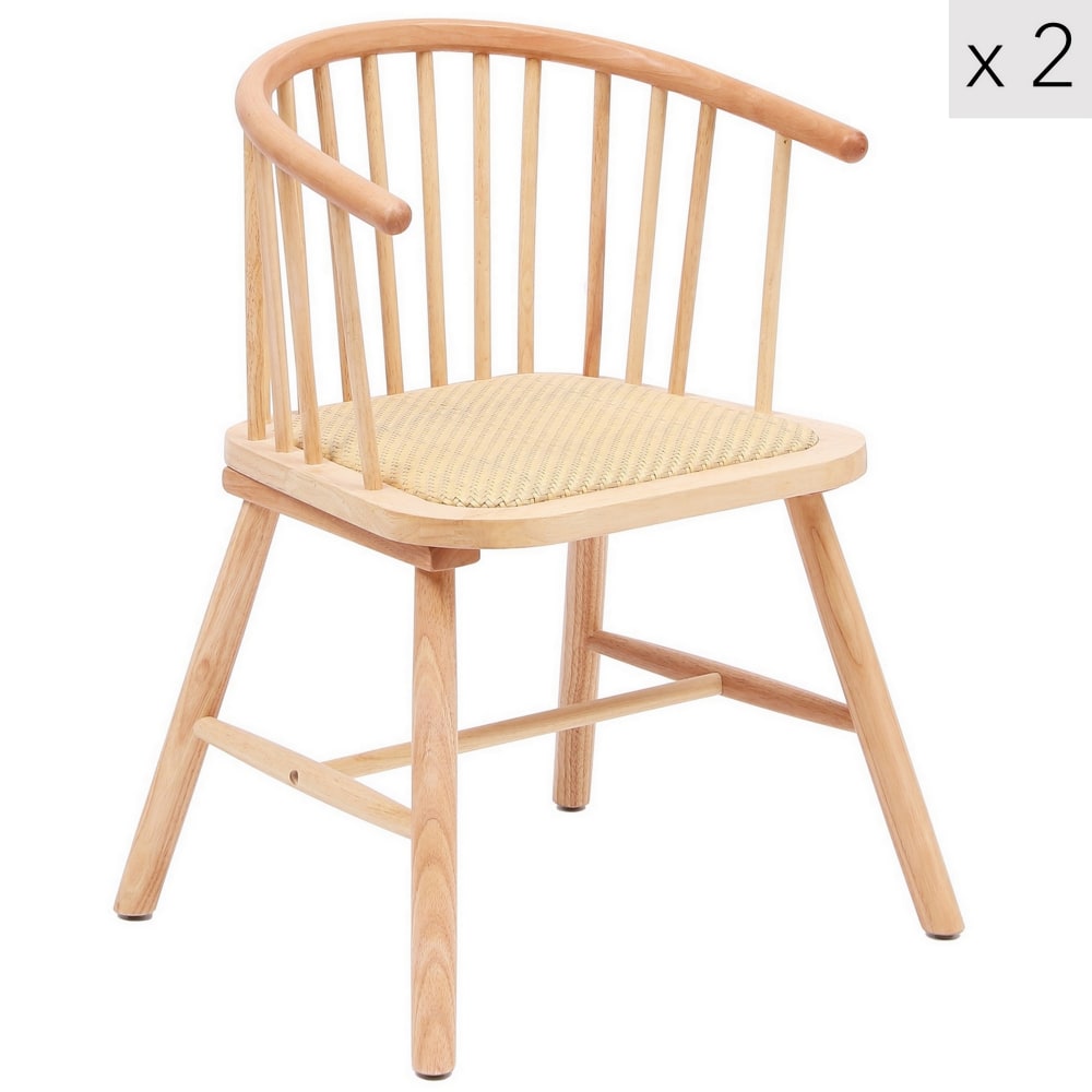 Lot de 2 chaises de salle à manger en bois et rotin naturel