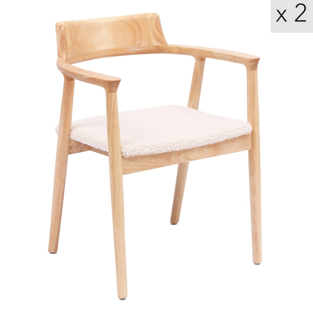 Lot de 2 chaises de salle à manger en bois et bouclette blanche