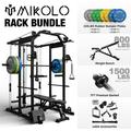 Mikolo Power Rack Cage 1500LBS Weight Cage with 800LB Capacity Adjustable Weight Bench 1500LB Capacity Barbell and 230LB Weight Plate set Combo Home Gym Package