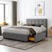 Queen Size Linen Fabric Platform Bed, Upholstered Storage Bed Wood Bed Frame with Button Tufted Headboard and 4 Big Drawers