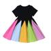 safuny Girls s A Line Dress Clearance Rainbow Stitching Round Neck Vintage Princess Dress Comfy Fit Short Sleeve Pleated Swing Hem Holiday Lovely Black 18M-6Y