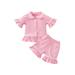 IZhansean Toddler Baby Girl Cotton Clothes Kids Ruffle Long Sleeve Peter Pan Collar Button Shirts Tops+Flare Pants Loungewear Pink 2-3 Years