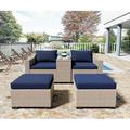 Esmlada Patio Conversation Set 5-Piece Wicker Outdoor Sectional Furniture Sofa Set with Ottoman (White and Blue)