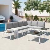 Industrial Style 5-Piece Aluminum Outdoor Patio Furniture Set Modern Garden Conversation Sectional Sofa Set with End Tables Coffee Table and Furniture Clips for Backyard White+Grey
