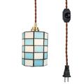 FSLiving Hanging Swag Lamp Pendant Light with 15ft Plug-in UL Dimmable Cord Brass Finished E26 Socket Tiffany Blue Checkered Glass Lamp Nordic Industrial Hanging Lamp Bulbs Not Included - 1 Pack