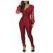 Rompers For Women Plus Size Fashion V-Neck Sequined Mesh Long Sleeve Pocket Long Jumpsuits For Women Summer Red S