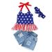 kpoplk Baby Girl 4th of July Outfits USA Flag Sleeveless Halter Top Denim Shorts Set Summer Clothes(18-24 M BU2)