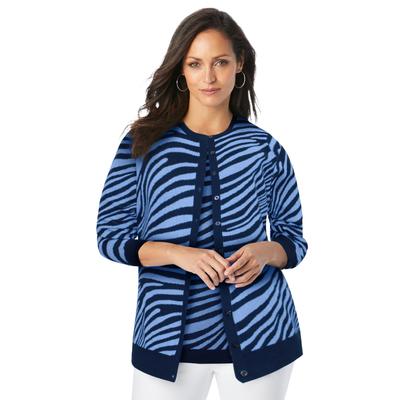Plus Size Women's Fine Gauge Cardigan by Jessica London in French Blue Zebra (Size 22/24) Sweater