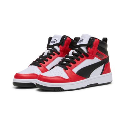 Sneaker PUMA "REBOUND V6 MID JR", Kinder, Gr. 38, bunt (puma weiß, puma schwarz, for all time rot), sportlich, Schuhe