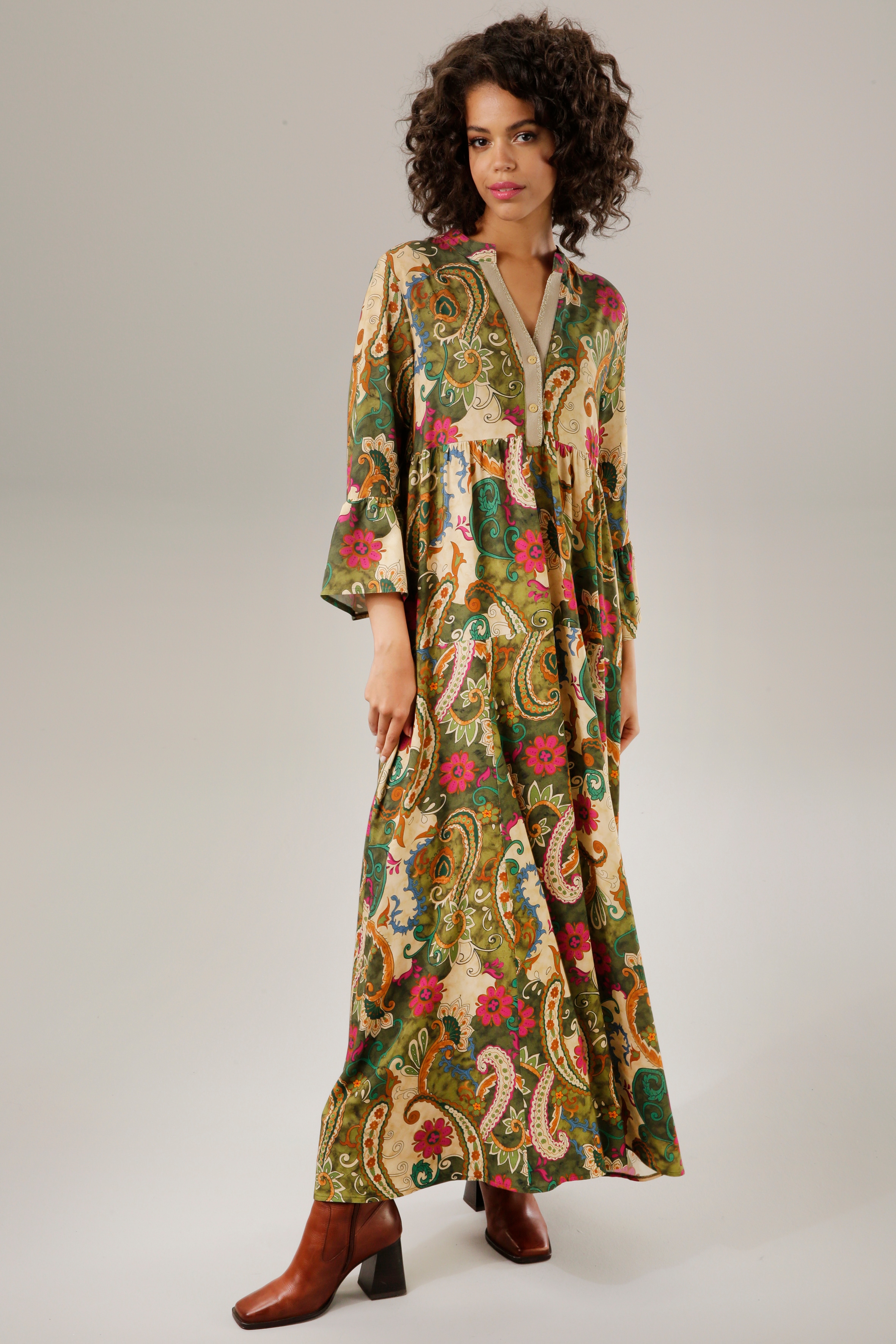 Maxikleid ANISTON CASUAL, Damen, Gr. 46, N-Gr, bunt (grün, hellbeige, fuchsia, petrolhallbraun, orange, schwarz), Web, Obermaterial: 100% Viskose, Glitzerstreifen, Paisley, bedruckt, geblümt, Modisch, lässig geschnitten knöchellang, V-Ausschnitt,...