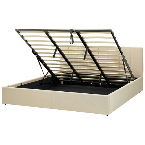 Bett Beige Stoffbezug mit Lattenrost 180 x 200 cm Hochklappbar Bettkasten Hohes Kopfteil Modern Schlafzimmer Möbel Ausstattung Doppelbett