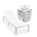 LeisureMod Marlin Modern White Aluminum Outdoor Patio Chaise Lounge Chair with Square Fire Pit Side Table Perfect for Patio Lawn and Garden (White