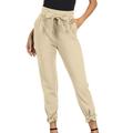 JWZUY Womens Casual High Waist Pencil Pants with Bow-Knot Cuff Leg Pants with Pockets Work Office Pants Beige L