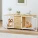 Dextrus Large Dog Crate Furniture 74 inch Indoor Wooden Dog Kennel with Dog Feeders Bowls 2-in-1 TV Stand Endtable for 2 Large Medium Dogs Walnut White