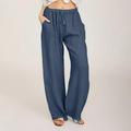 POROPL Cargo Pants for Women Clearance Under $20 Loose Cotton Linen Solid Wide Leg Drawstring Elastic Waist Casual Pants for Women Blue Size XL