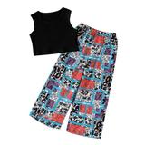 BJUTIR Girls Summer Outfits Toddler Patchwork Print Suit Solid Color Vest Top Pants Suit 2 Piece Set