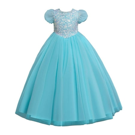safuny Girls s Party Gown Dress Solid Sequin Birthday Princess Ruffle Mesh Hem Vintage Puff Sleeve Princess Dress Lovely Comfy Fit Holiday Round Neck Blue 4-14Y
