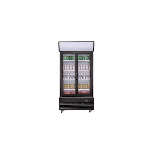 Mobiler Flaschenkühlschrank mit 2 Schiebe-Glastüren Getränkekühlschrank Kühlschrank Gastro 1000 L +2/10°C ISO 45 mm